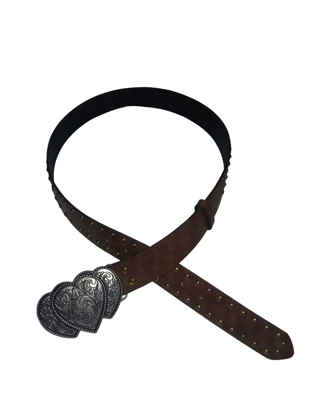 Women's Brown Studded Leather Belt with Heart Buckle Y2K - Picture 2 of 4